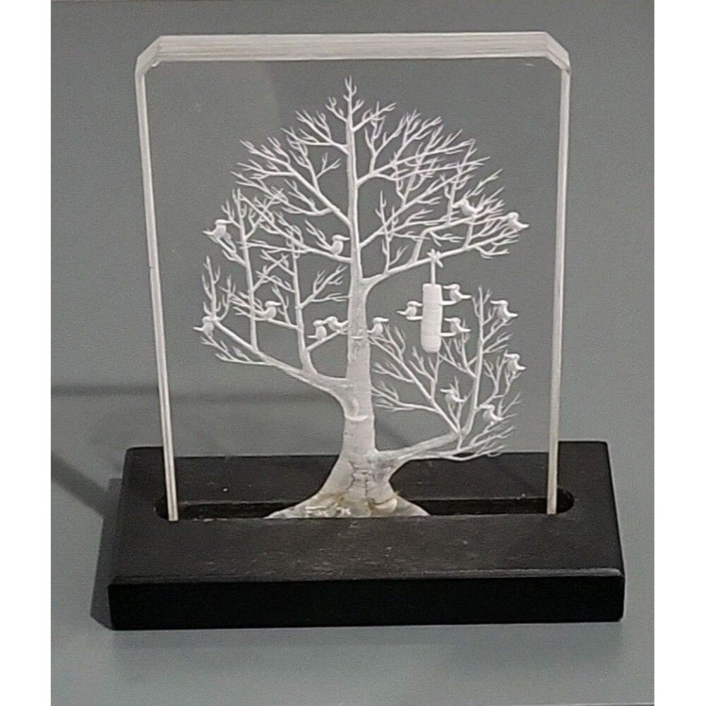 1975 Signed Ronald FOX Mounted 7" TREE Birds Lucite Acrylic Etched Engraved